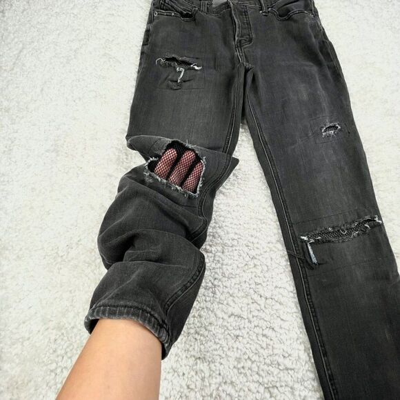 Free People Fishnet Patch Skinny Jean Button Fly Washed Out Black - Picture 6 of 15